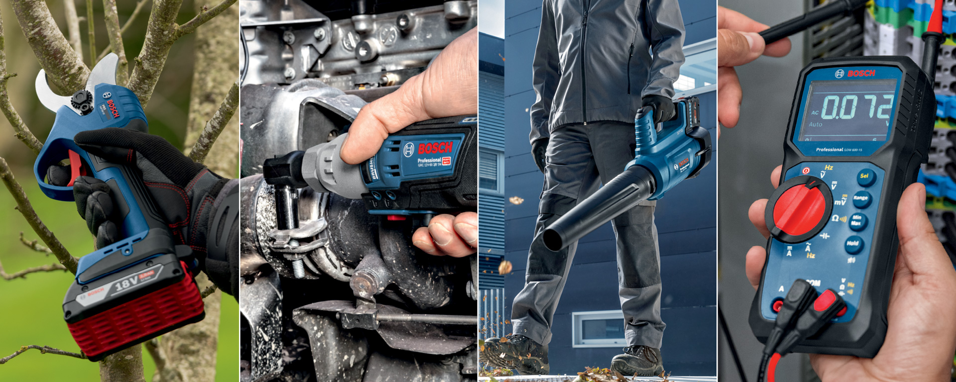 A Bosch Professional battery cutter is being used on a tree, next to a battery drill, a leaf blower, and a multimeter, all in blue and black colors.