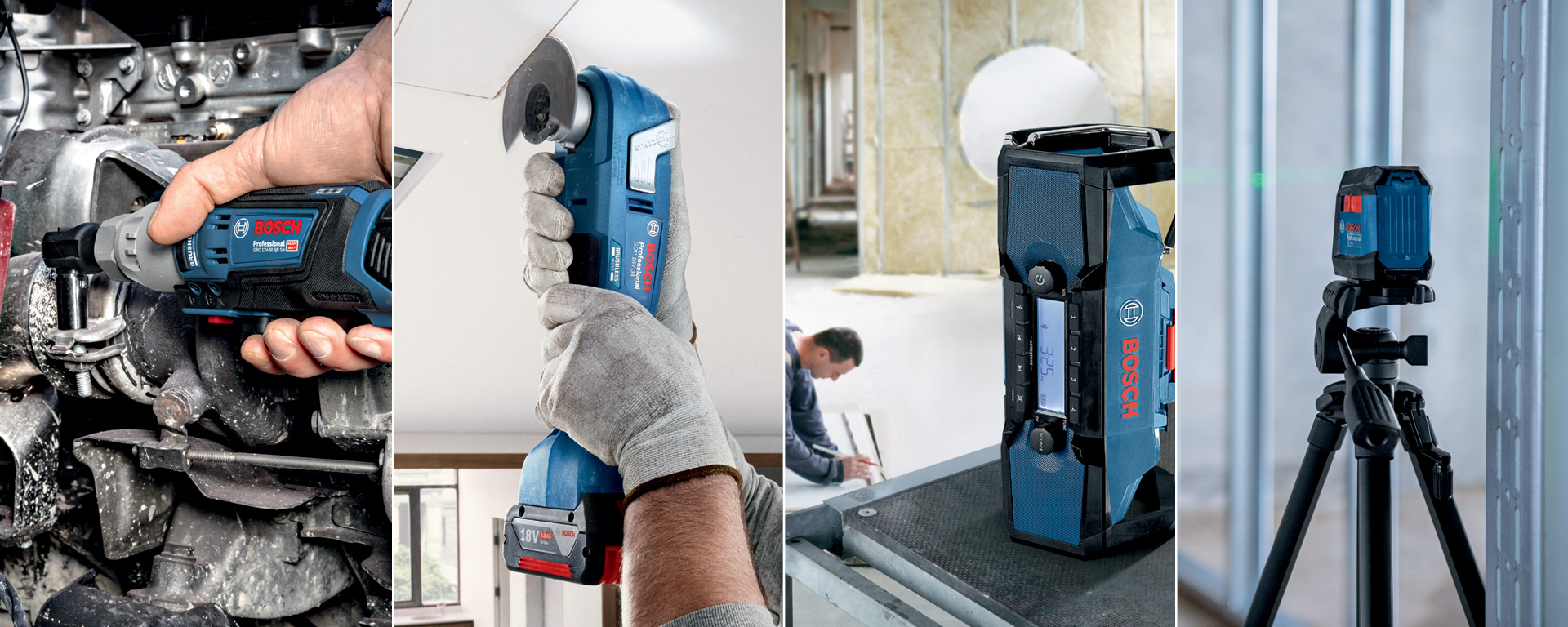 Four images of Bosch tools: A craftsman uses a cordless tool, another tool is held up, in the background a colleague is working. Workshop environment.
