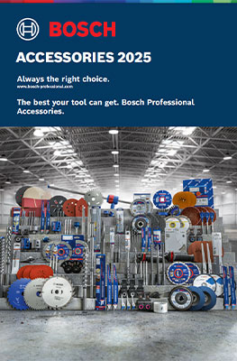 A selection of Bosch Professional accessories is arranged in a bright, industrial space. The products include various tools and accessories in blue, red, and silver, neatly displayed on shelves. In the background, high ceilings and light sources are visible, creating a functional atmosphere.