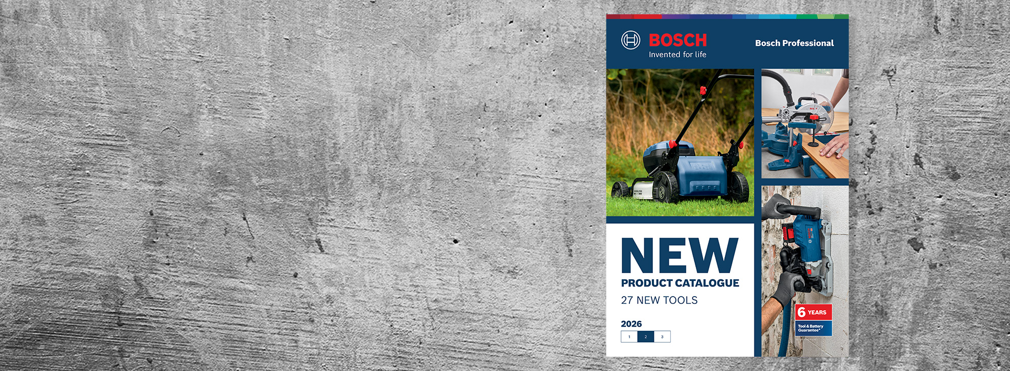 A Bosch Professional product catalog on a gray background featuring new tools and images.