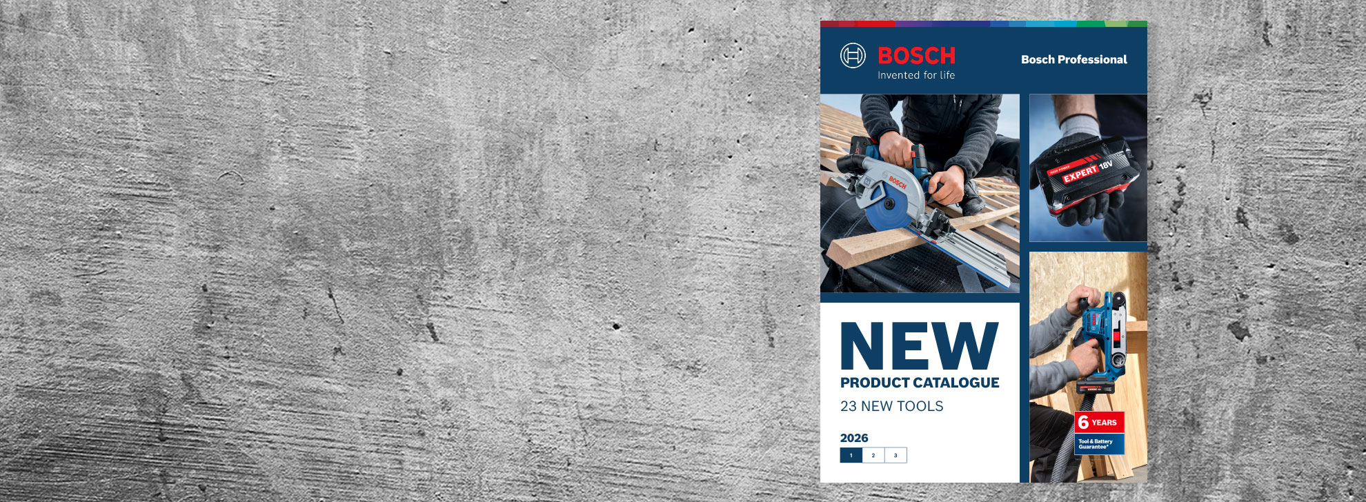 A Bosch Professional product catalog on a gray background, showcasing new tools and applications.