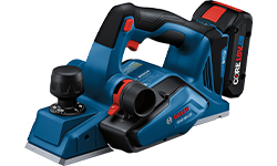 A blue Bosch Professional battery planer lies on a white background.