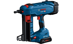 Blue Bosch Professional battery nailer with red details on a white background.