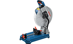A Bosch Professional miter saw in blue, placed on a workshop floor.
