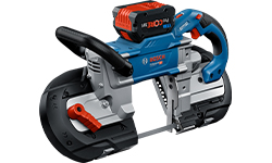 A blue Bosch Professional cordless band saw with a black handle, lying on its side.