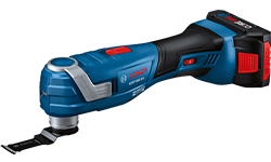 A blue Bosch Professional multitool is lying on a white background.