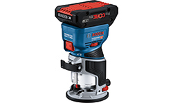A blue Bosch Professional cordless router is standing on a workbench.