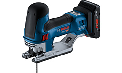 A blue Bosch Professional cordless jigsaw on a white background.