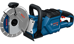A blue Bosch Professional cutting saw lies on a white background.