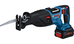 Bosch Professional battery-powered reciprocating saw in blue with a black handle.