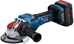 A blue Bosch Professional cordless angle grinder on a white background.