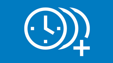 A white clock symbol on a blue background with a plus sign.