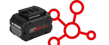 Black Bosch Professional battery next to red connection diagram elements.