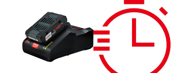 Black Bosch Professional battery charger with red symbol next to it.