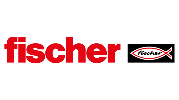 Fischer logo in red with fish symbol and black background.