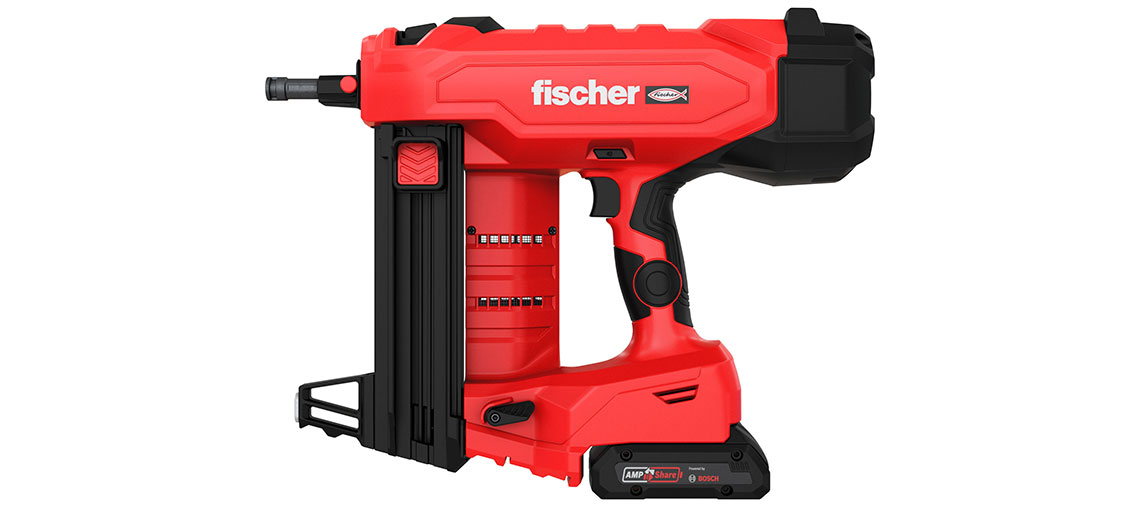 A red fisher battery nailer stands on a white background.