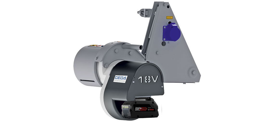 A gray GEDA 18V motor with a black battery on a white background.