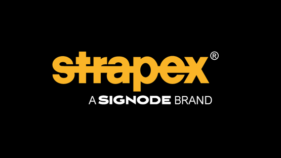 Logo design by strapex in yellow and white on a black background.