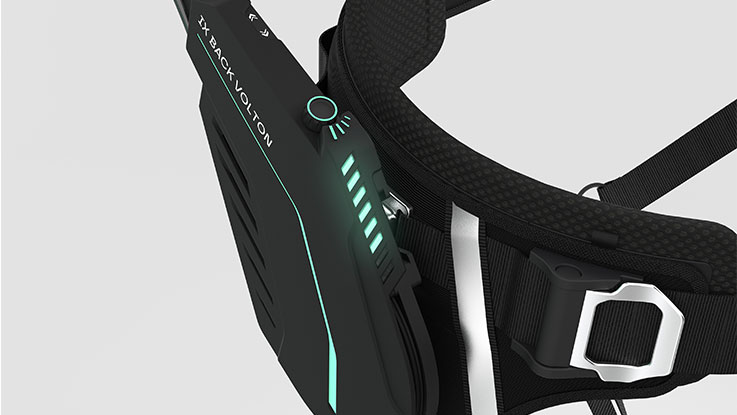 Black back support device with blue LED lights.