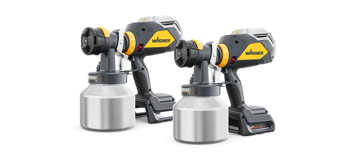 Three Wagner spray devices with silver containers on a white background.