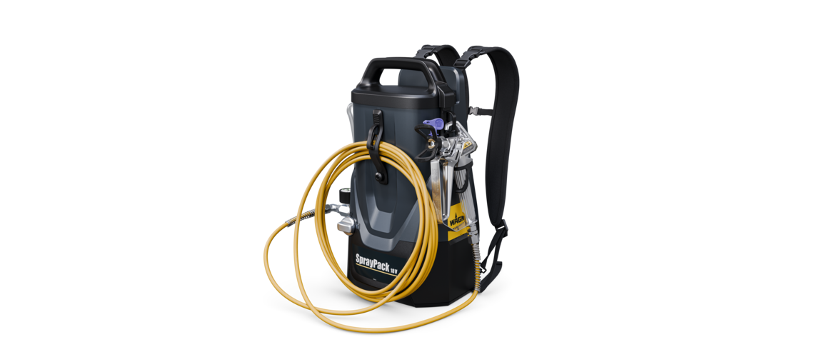 Black Bosch Professional spray device with yellow hose, standing upright.