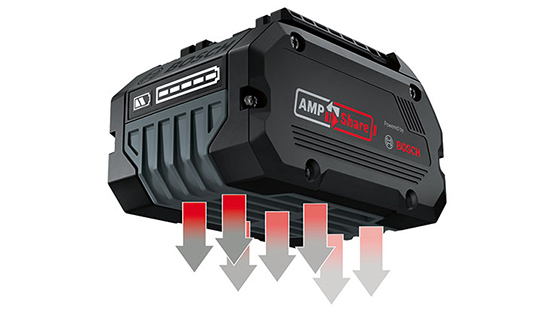 Black Bosch Professional battery with red arrows pointing down.