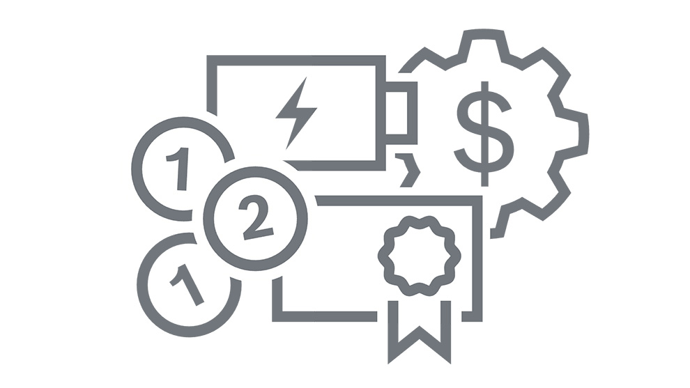 Graphic with battery, coins, dollar sign, and certificate.