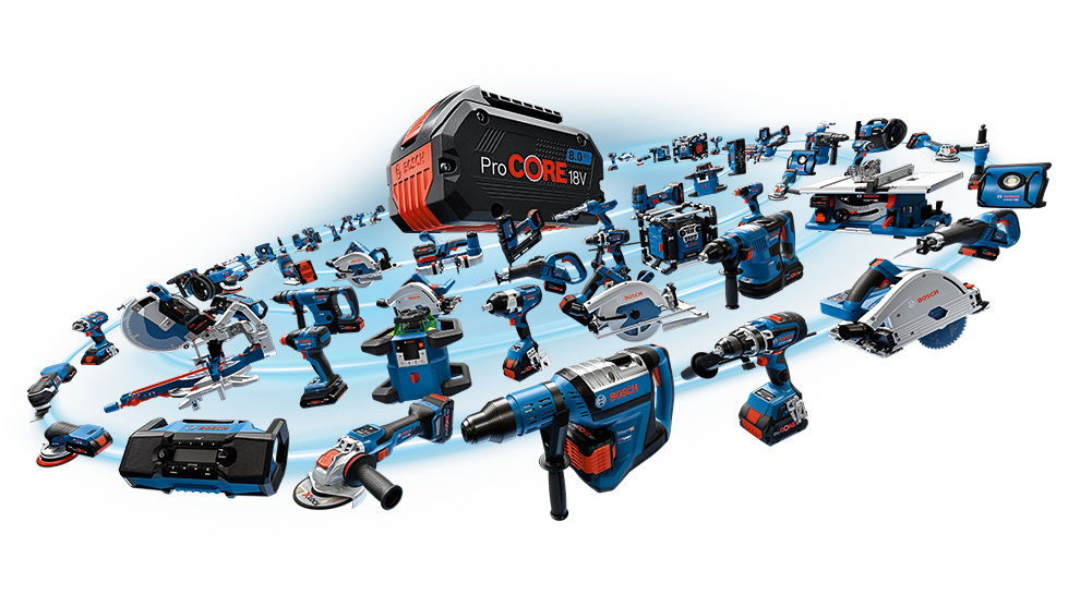 Various Bosch Professional tools arranged on a blue background.