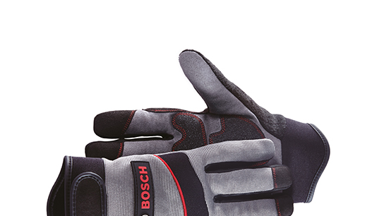 A gray Bosch Professional work glove shows the thumb and fingers.