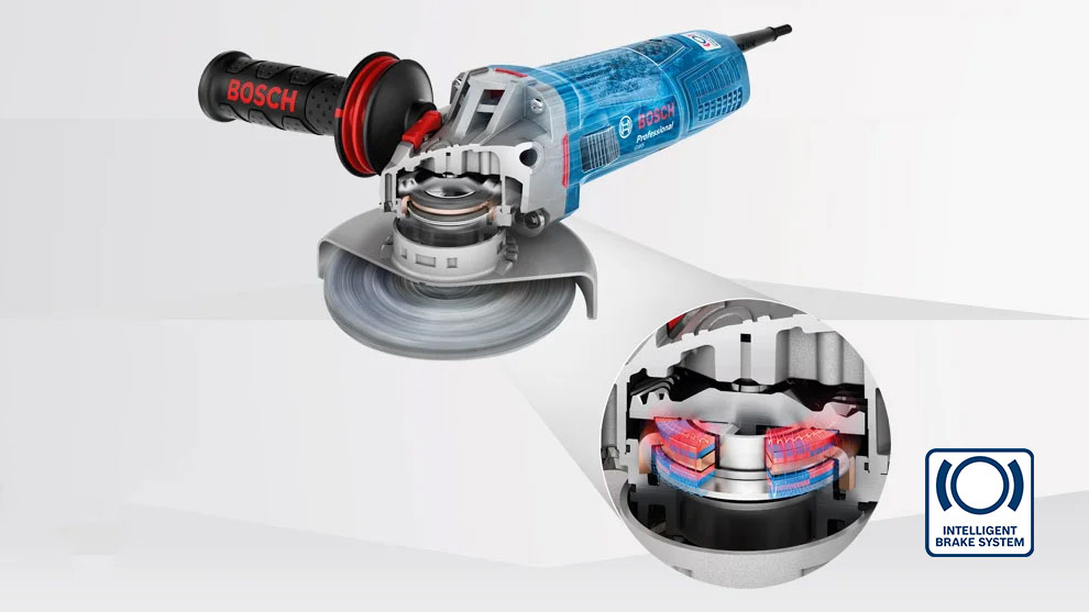 Bosch Professional angle grinder in blue and black color, on a white background.