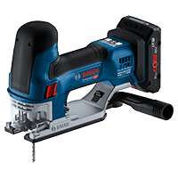 A blue Bosch Professional cordless jigsaw on a white background.