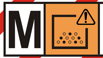 A warning symbol with an orange area and a black M on a white background.