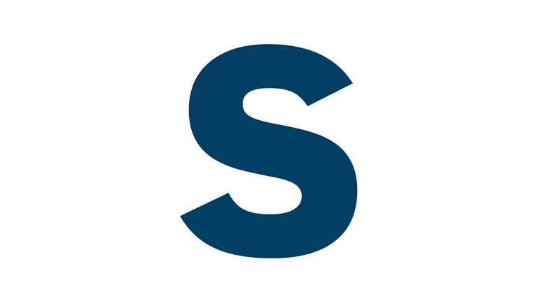 Dark blue letter "S" on a white background, modern and clear.