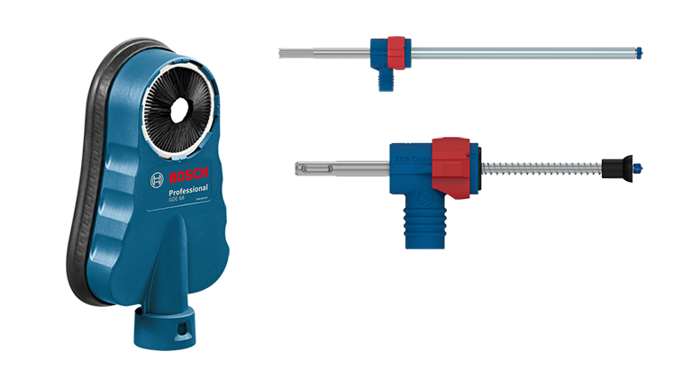 A blue Bosch Professional tool attachment with two accessories.
