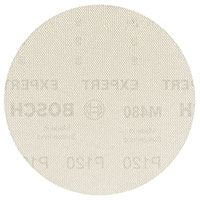 A round, beige Bosch sandpaper with labeling on it.