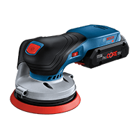 A blue Bosch Professional eccentric sander with a red sanding disc.