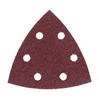Triangular Bosch Professional sanding sheet in red with holes.