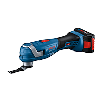 A blue Bosch Professional cordless multifunction tool is lying on a black background.