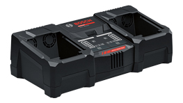 Black Bosch Professional battery charger with two charging compartments.