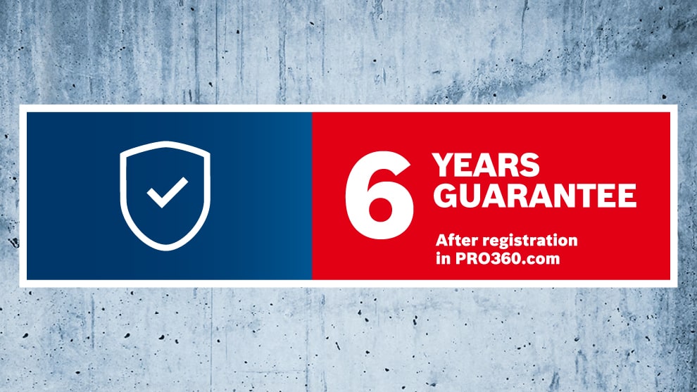 Bosch Professional warranty sign, blue-red design, 6 years warranty.