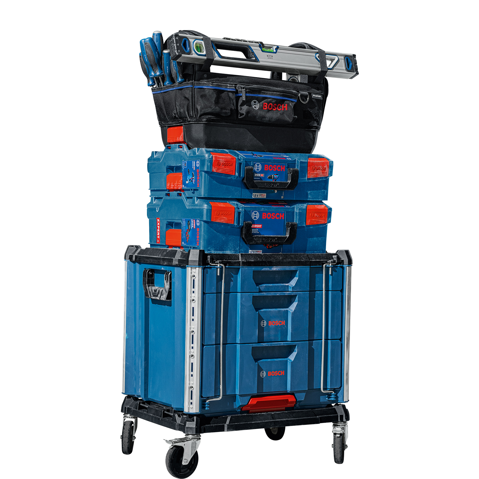A stackable tool case from Bosch Professional, blue with red latches and a handle. It is on wheels.