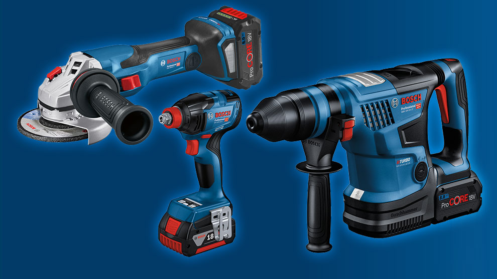 Three Bosch Professional tools on a blue background, battery and drill.
