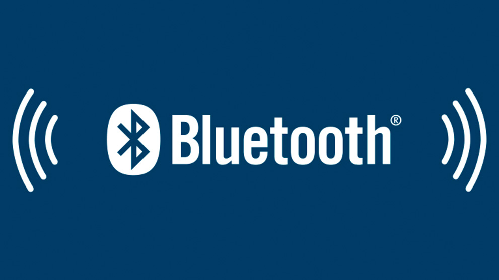 Bluetooth logo on blue background with signal waves.