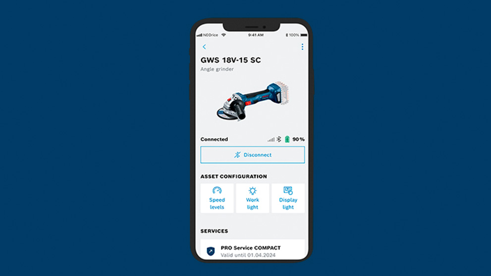 A smartphone displays a Bosch Professional angle grinder and settings.
