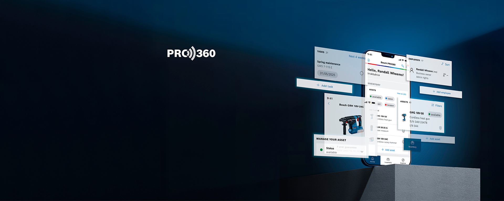 A smartphone displays the Bosch Professional app with tool information on a bright background.