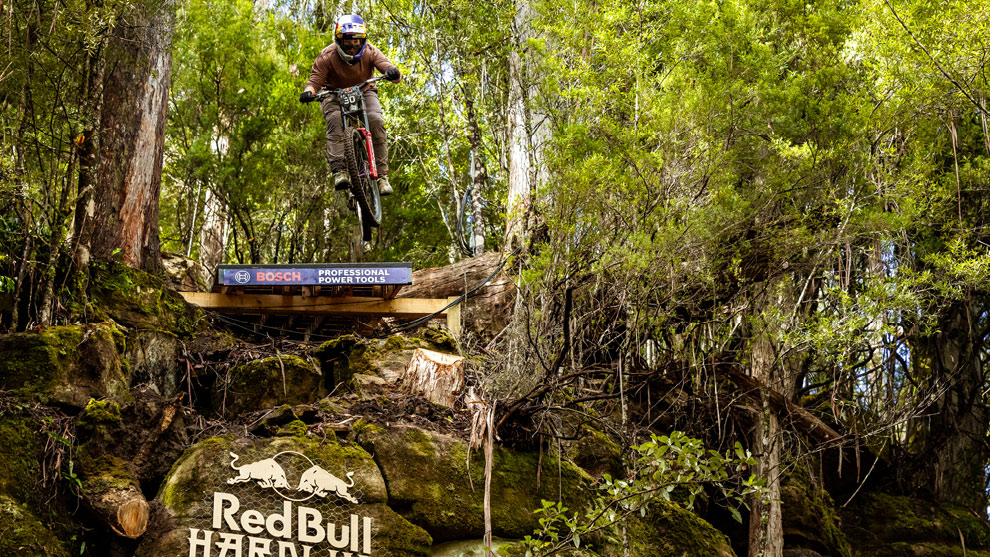 NOT FOR THE FAINT-HEARTED A cyclist jumps over a wooden ramp in the forest, surrounded by trees.