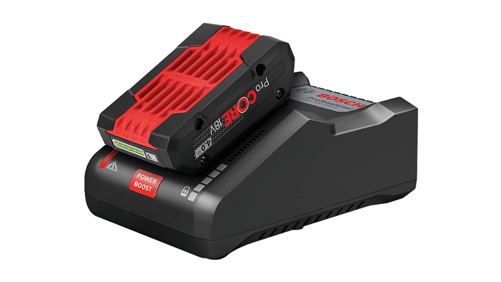 A Bosch Professional charger with a red battery on a black background.