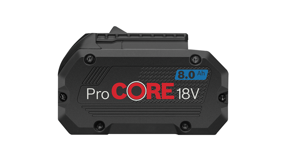 Black Bosch ProCORE 18V battery with 8.0 Ah on a black background.
