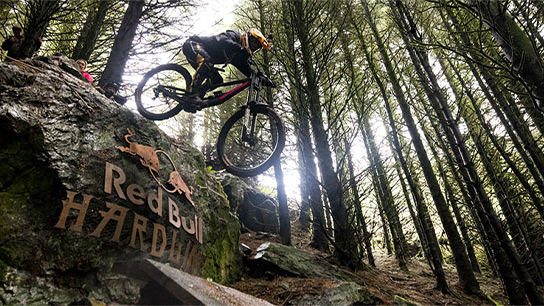 A mountain biker jumps over a rock with the inscription "Red Bull HARDLINE" in the forest.