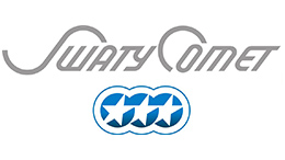Logo of SwatyComet with stylized lettering and blue stars.